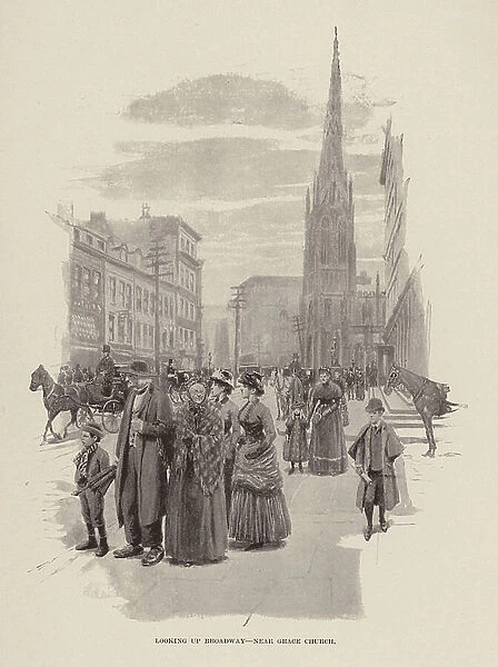 Looking up Broadway, near Grace Church (engraving)
