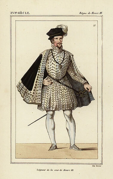 Lord at the court of King Henri III of France. Handcoloured lithograph after a portrait in Roger de Gaignieres gallery portfolio IX 72 from Le Bibliophile Jacob aka Paul Lacroix's Costumes Historique de la France (Historical Costumes of France)