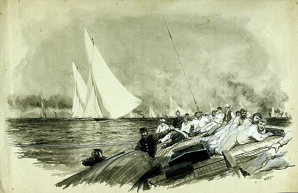 Lord Dufferin's racing boat (Frederick Temple Hamilton-Temple-Blackwood, 1826-1902) with crew members lying on deck to assist with the cornering maneuver