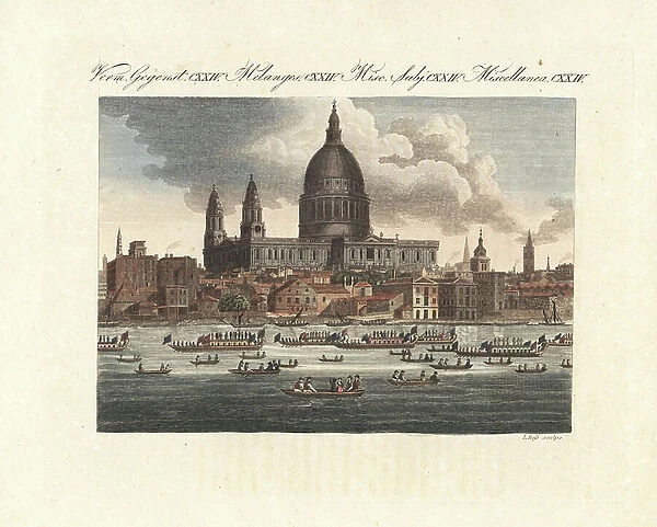 The Lord Mayor of London's parade float on the Thames passing St. Paul's Cathedral, 18th century. Handcoloured copperplate engraving from Bertuch's ' Bilderbuch fur Kinder' (Picture Book for Children), Weimar, 1807