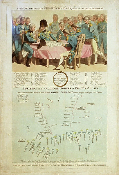 Lord Nelson explaining to the Officers the Plan of Attack previous to the Battle of Trafalgar, 1806 (coloured aquatint)