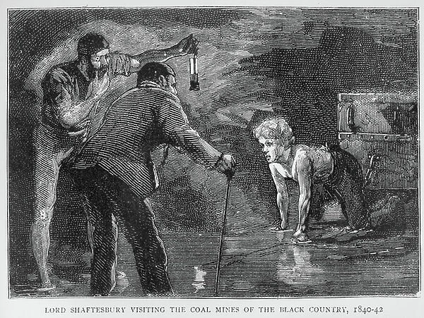 Lord Shaftesbury visiting the coal mines of the Black Country, 1840-42, illustration from The Graphic, 10th October 1885 (engraving) (b / w photo)