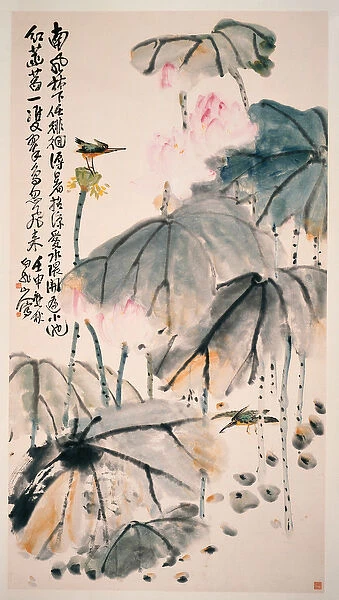 Lotus and Green Birds, 1932 (hanging scroll, ink and colour on paper)