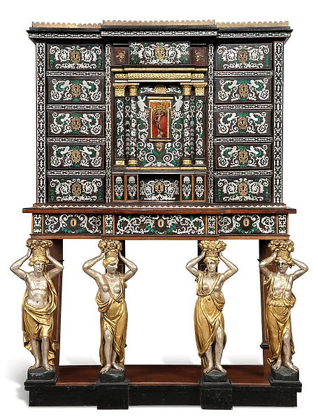 A Louis XIV gilt-metal-mounted, pewter, tortoiseshell and stained horn-inlaid ebony, marquetry and parcel-gilt and silvered cabinet on stand, c. 1660-80
