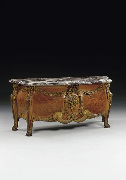 Louis XV style end-cut marquetry commode, 1896 (marble & ormolu-mounted mahogany) (pair to 387097)