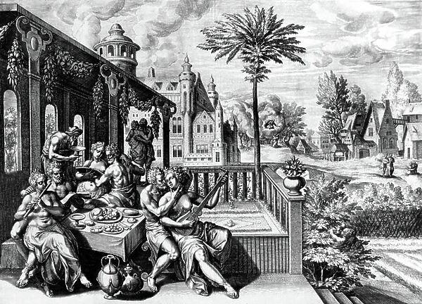 Love life : feast with food and music, engraving by dutch Martin de Vos (1532-1603)