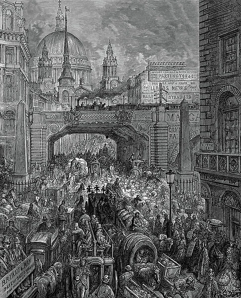 Ludgate Hill': From Gustave Dore and Blanchard Jerrold London: A Pilgrimage London 1872. Scene of traffic congestion, railway viaduct (centre), and dome of St Paul's. Wood engraving
