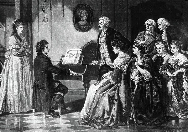 Ludwig van Beethoven (1770-1827) playing before Wolfgang Amadeus Mozart (1756-1791) - From Borchman's painting, 19th century engraving