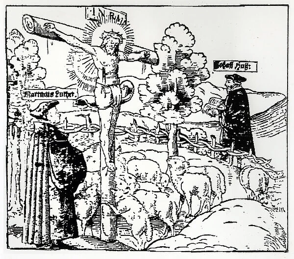 Luther (1483-1546) and Hus (1369-1415) with Christ in the Sheepfold, c. 1520-21 (woodcut)