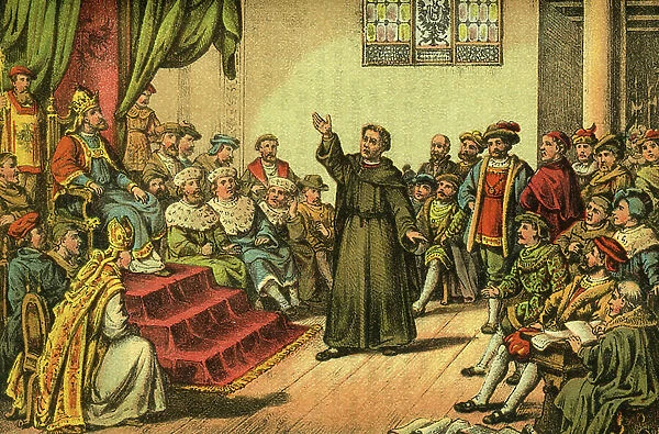 Luther on the Imperial Diet, Reichstag in Worms, coloured image (artist unknown), from : ' Doktor Martin Luthers Leben, Thaten und Meinungen (Doctor Martin Luthers life, deeds and opinions)