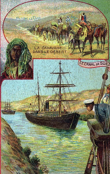 Luxury tourism: western tourists on board a cruise ship crossing the Suez Canal around 1890, Egypt. End of the 19th century (chromolithograph)