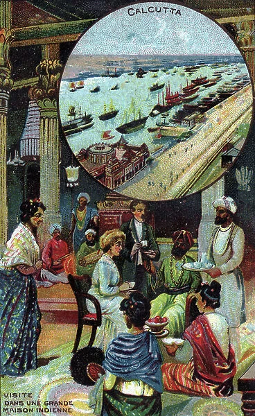 Luxury tourism: Western tourists visiting rich families of Kolkata, India. Late 19th century (chromolithograph)