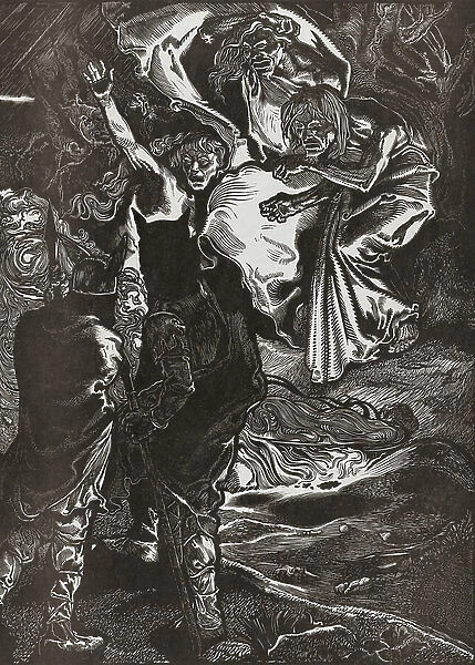 Macbeth and Banquo meet the three witches, 20th century (engraving)