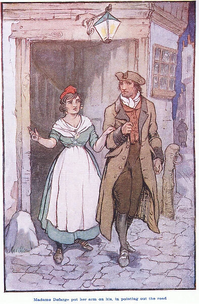 Madame Defarge put her arms on his, in pointing out the road (litho)