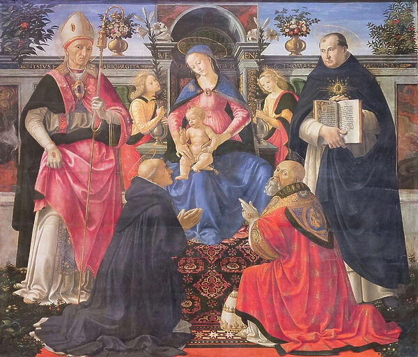 Madonna enthroned with two angels, saints and pope st Clement, 1480-85 circa, (tempera on wood)