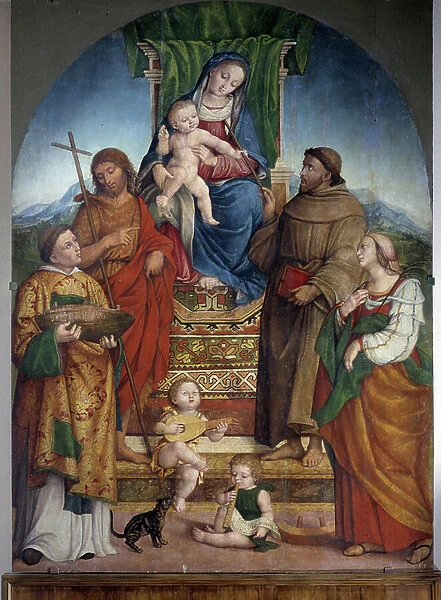 Madonna on the throne and saints. Painting by Girolamo Marchesi da Cotignola (1481-1550) 16th century Museo di San Francesco, Republic of San Marino