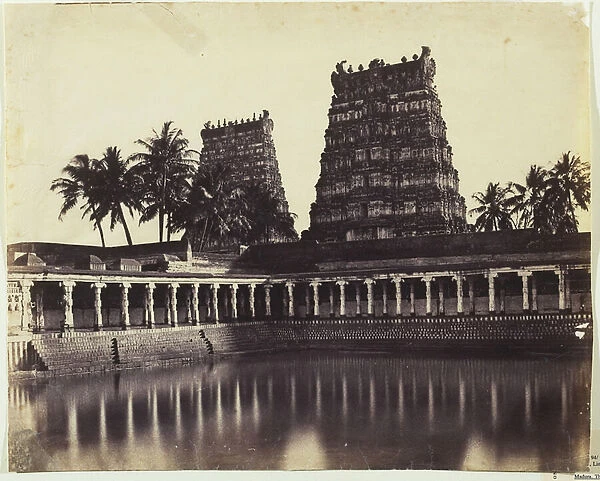 Madura. The Great Pagoda, Mootoo Alaghur and East Gopurum from Tank, 1858 (albumen print from waxed paper negative)