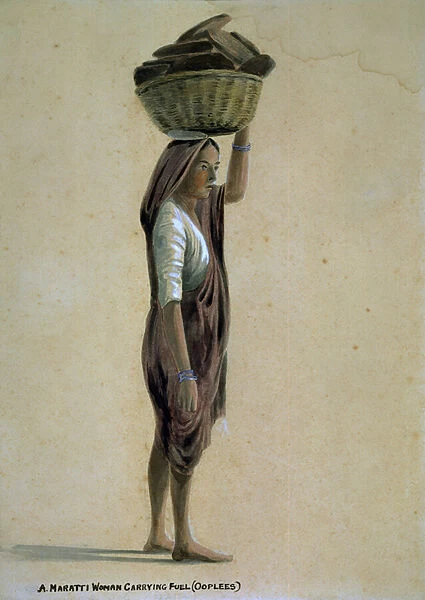 A Mahratta woman carrying fuel (ooplees), India, 1870 circa (w  /  c)