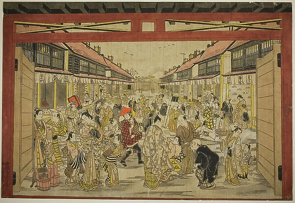 The Main Gate, New Yoshiwara, c.1745 (hand-coloured woodblock print; toku-oban yoko-e, beni-e)