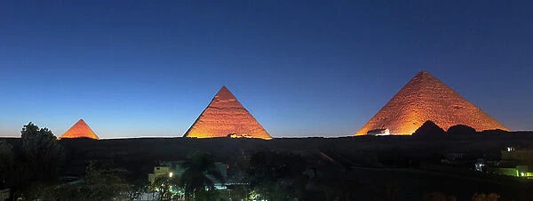 The three main pyramids during sound and light show, Giza, Egypt, 2020 (photo)
