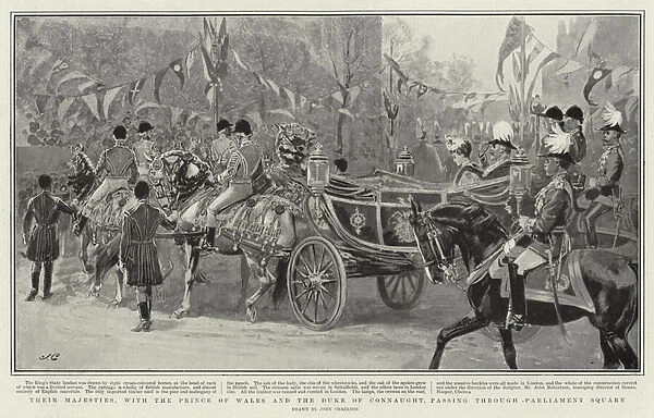 Their Majesties, with the Prince of Wales and the Duke of Connaught, passing through Parliament Square (litho)