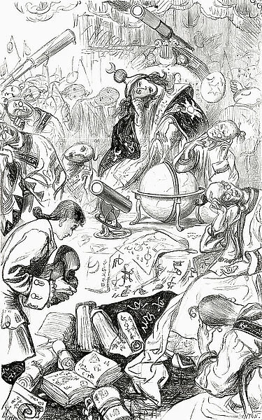 His majesty was then deep in a problem. From Gulliver's voyage to Laputa. From Gullivers Travels published c.1875