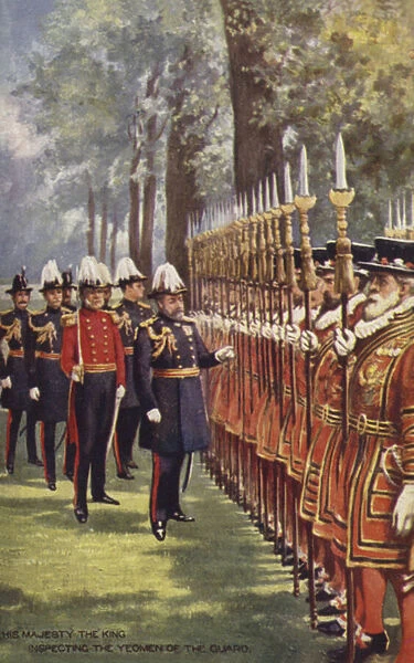 His Majesty the King inspecting the Yeomen of the Guard (colour litho)