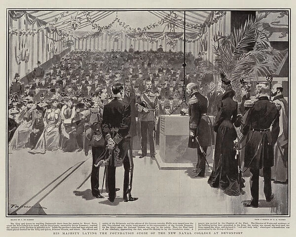 His Majesty laying the Foundation Stone of the New Naval College at Devonport (litho)