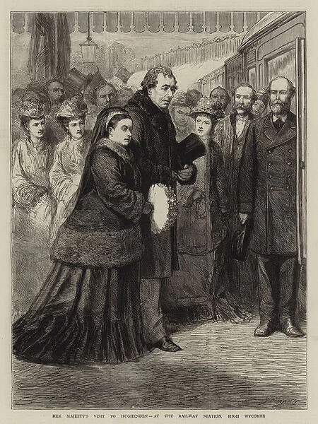 Her Majestys Visit to Hughenden, at the Railway Station, High Wycombe (engraving)