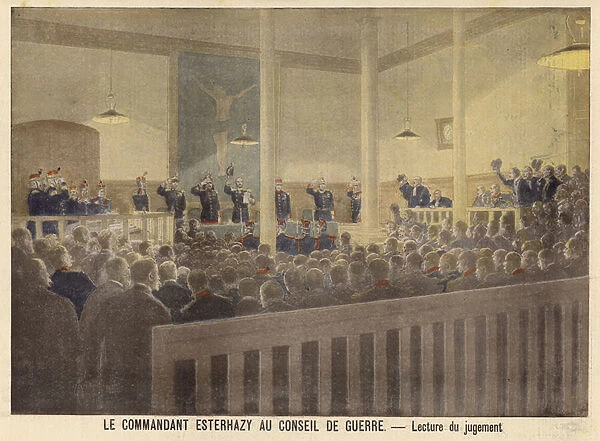 Major Esterhazy before the military court (colour litho)