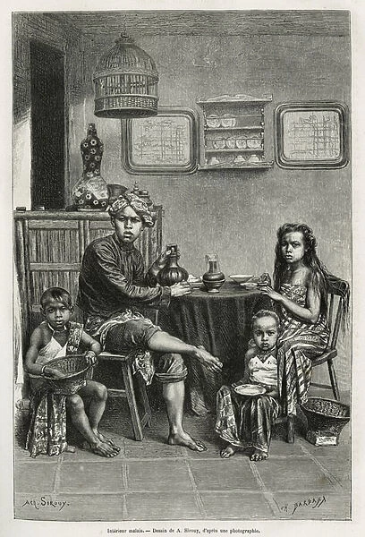A Malay family in its interior, engraving by A. Sirouy, to illustrate the story six weeks in Java, by Desire Charnay, mission assignment by the Ministry of Public Education, in 1878-1879, published in the tour du monde