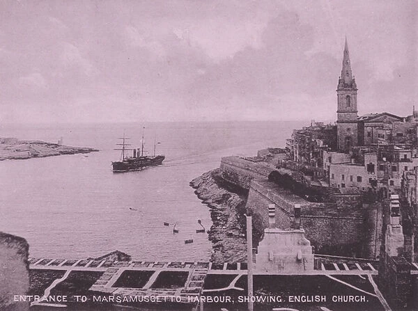 Malta: Entrance to Marsamuscetto Harbour, showing English Church (b  /  w photo)
