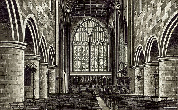 Malvern: Priory Church, Interior looking East (litho)