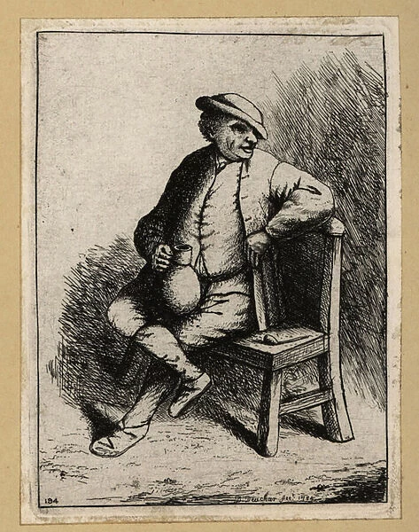 Man in a cap, seated on a wooden chair, holding a jug of ale. 1803 (engraving)