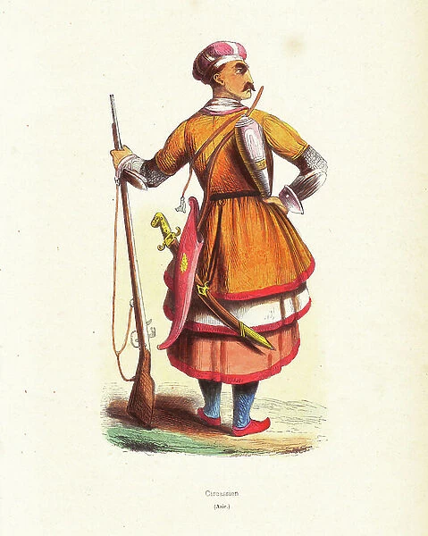 Man circassian (Caucasus, Circassian man in hat, tunic over skirts, carrying a musket, bow in case, curved sword and powder horn - Handcoloured woodcut from ' Moeurs, Uses et Costumes de tous les Peuples du Monde, Asie, ' by Auguste Wahlen)