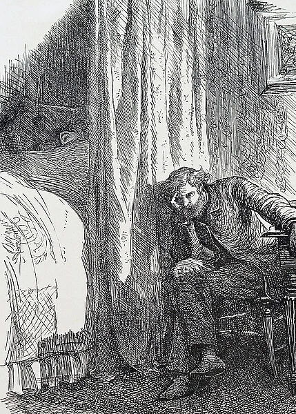 A man in distress over his finances. By Frederick Walker (1840-1875) an English social realist painter and illustrator. 1882 (engraving)