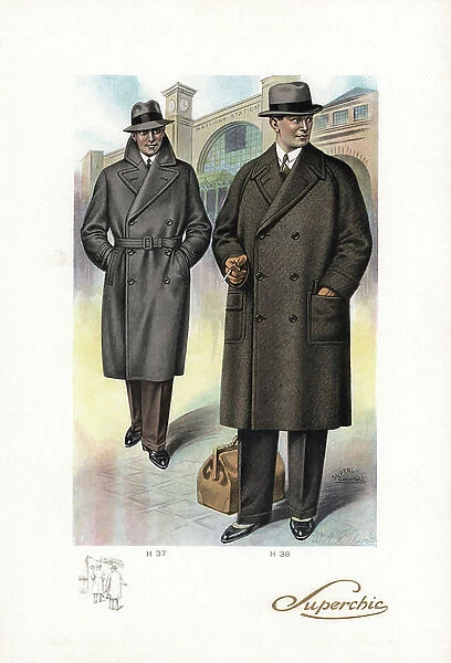 Man in double-breasted overcoat with belt and man in double-breasted Raglan coat with patch pockets and overnight bag. In the background is a railway station. Color printed fashion plate by W. A