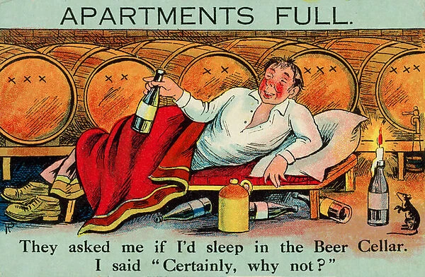 Man enjoying the opportunity to sleep in a beer cellar (chromolitho)