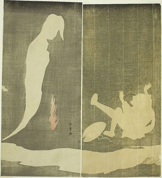 Man Falling Backward, Startled by a Woman's Ghost over a River, c.1782 (colour woodblock print; hosoban diptych)