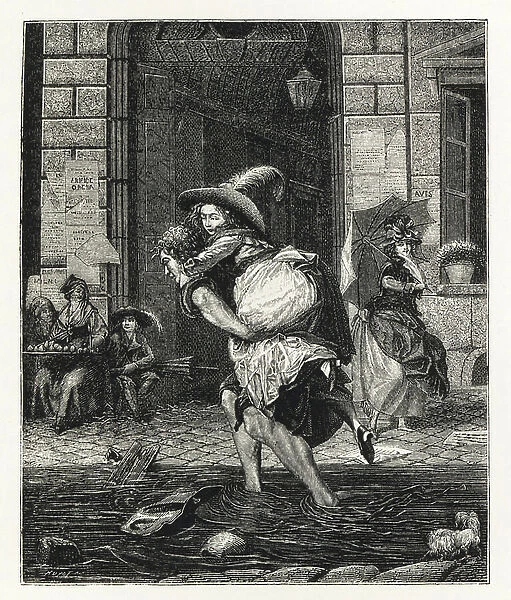 Man giving a piggyback to a lady in petticoats to cross a gutter after a thunderstorm in Paris. The cobbled street is a river of filth. Lithograph after Michel Garnier from Paul Lacroix The Eighteenth Century: Its Institutions, Customs