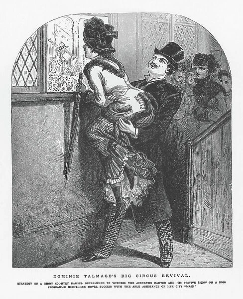 Man lifting up a woman determined to see the circus show through the window (engraving)