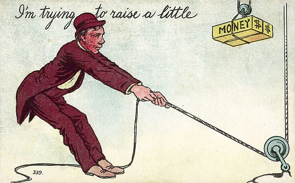 Man raising money with a pulley (colour litho)
