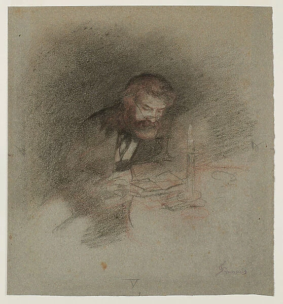 A Man Reading by Candlelight, 1864 (black & red chalk heightened with white on paper)