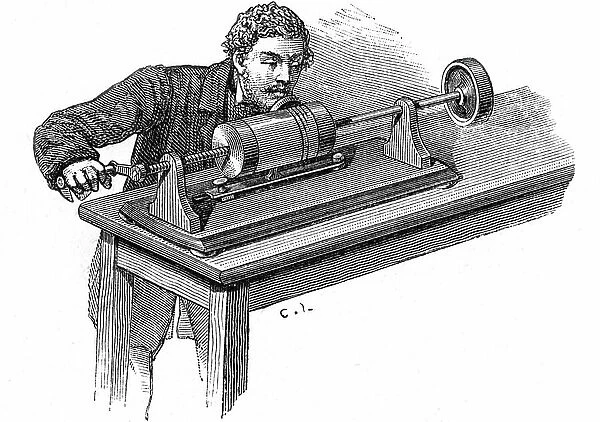 man recording his voice with Edison's phonograph: one of the first (and simplest) models - engraving, by B. Bonnafoux, of the book Le telephone, le microphone et le phonographe, Bibliotheque des Merveilles / 1880 (figure 99)