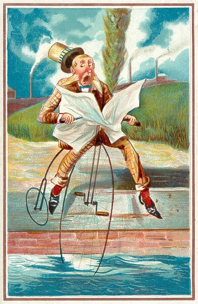 Man riding a penny farthing into a canal (chromolitho)