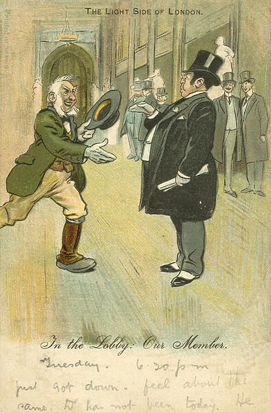 Man rushing to shake the hand of his MP (colour litho)