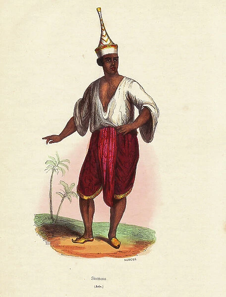 Man of Siam (Thailand) - Siamese man (Thailand) in pointed hat, shirt, dhoti, and slippers - Handcoloured woodcut by Mercier from ' Moeurs, Uses et Costumes de tous les Peuples du Monde, Asie, ' by Auguste Wahlen
