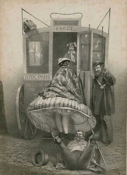 A man slips on the cobbled street and sees up the dress of a woman climbing into a carriage (engraving)