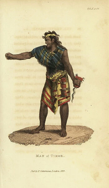 Man of Timor in cotton shawl and skirt, holding a kris dagger. Handcoloured copperplate engraving from Frederic Shoberl's The World in Miniature: The Asiatic Islands and New Holland, R. Ackermann, London, 1824
