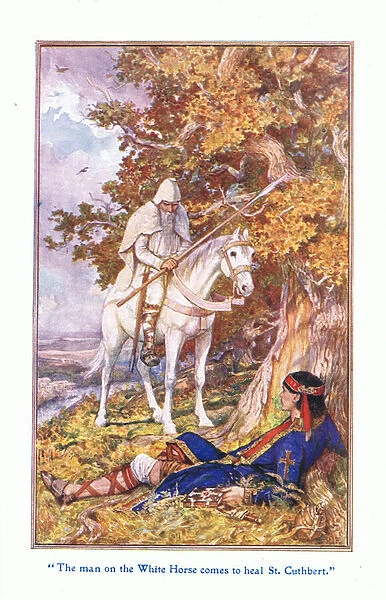 The man on the white horse comes to heal St Cuthbert, 1912 (colour litho)